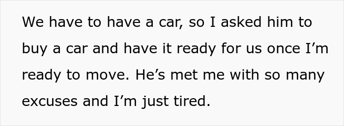 Text showing frustration as woman explains husband fails basic task of buying car despite cross-country move plans.
