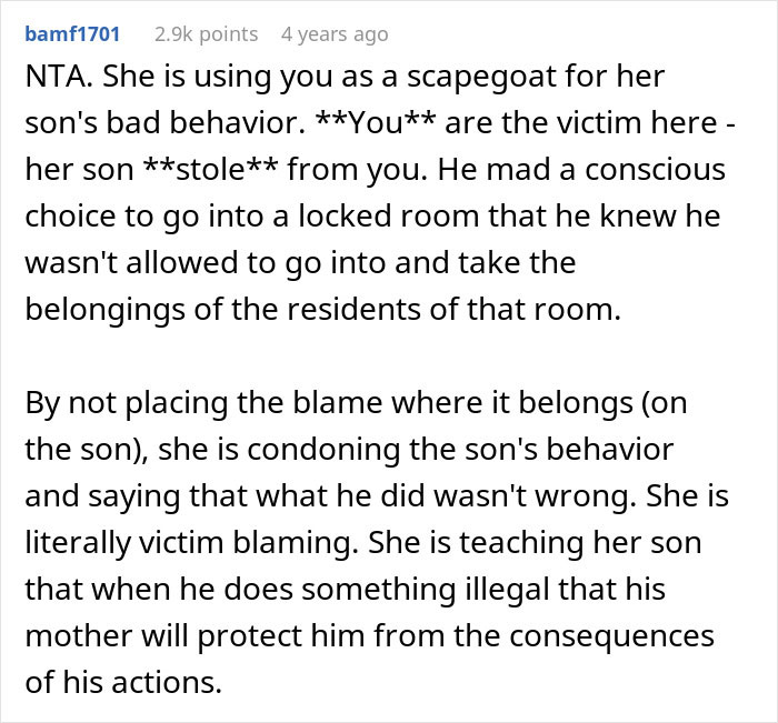 Comment explaining roommate blamed for tempting a teen after he sneaks in and steals alcohol, addressing victim blaming. Comment explaining roommate blamed for tempting a teen after he sneaks in and steals alcohol, addressing victim blaming.