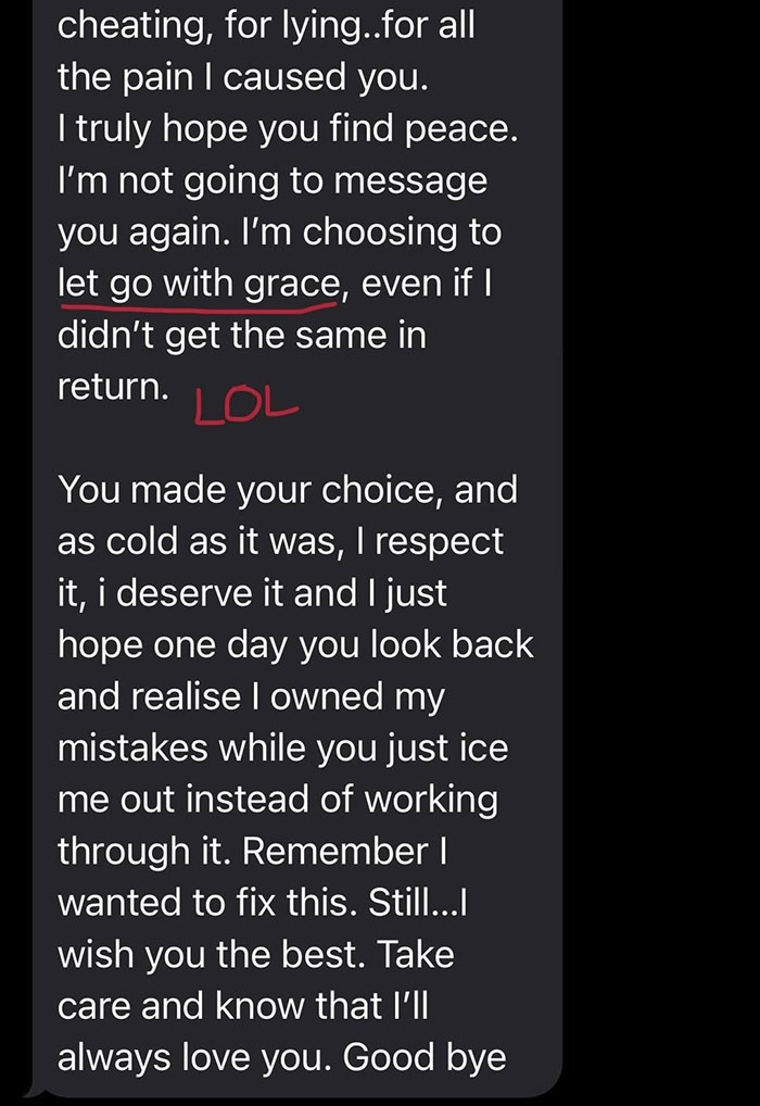 Text message about dealing with cheating, choosing grace, and reflecting on a painful breakup after boyfriend’s affair revealed. Text message about dealing with cheating, choosing grace, and reflecting on a painful breakup after boyfriend’s affair revealed.