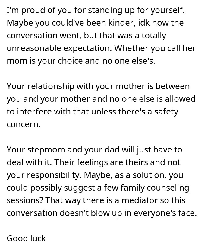 Text discussing a teen refusing to be a birthday gift for stepmother, emphasizing personal boundaries and family dynamics.