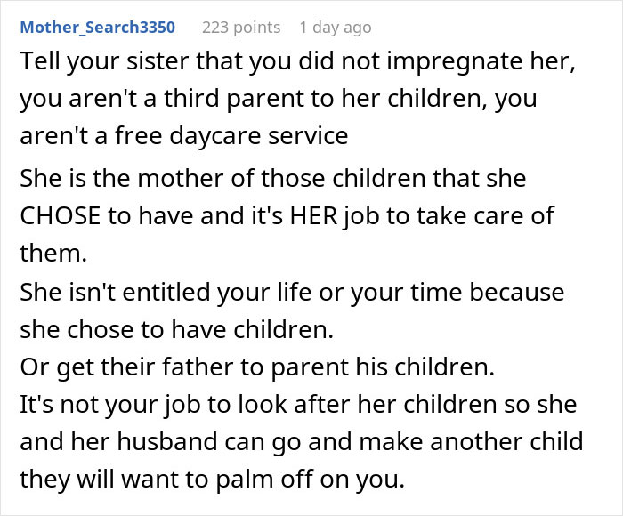 Screenshot of a Reddit comment debating family drama over refusing to cancel a trip for sister’s babysitting emergency. Screenshot of a Reddit comment debating family drama over refusing to cancel a trip for sister’s babysitting emergency.