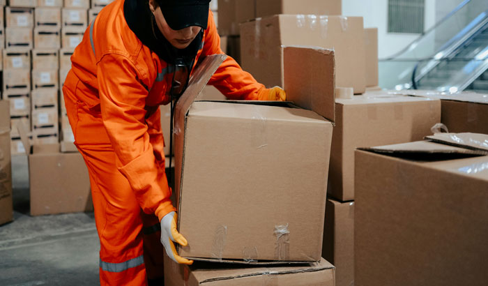 Warehouse worker in orange uniform handling large cardboard boxes near empty shelves inside storage facility