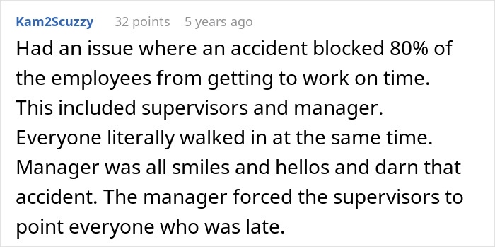 Worker responds to boss enforcing one minute late rule by stopping overtime in office environment discussion.