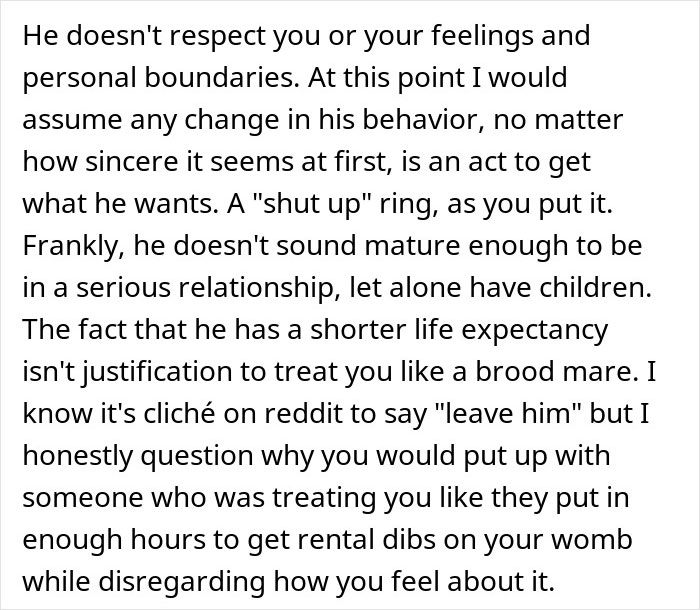 Text excerpt about relationship issues showing disrespect and boundaries in a serious discussion about having kids. Text excerpt about relationship issues showing disrespect and boundaries in a serious discussion about having kids.