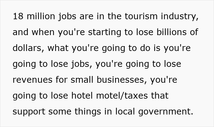Text about losing billions in tourism leading to job and revenue losses in the US tourism industry and local government support.