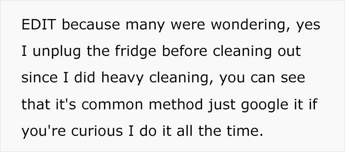 Text discussing unplugging the fridge before cleaning to prevent damage during heavy cleaning method.