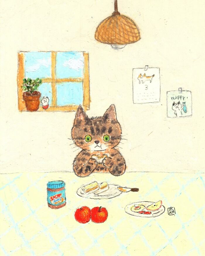 Adorable artwork for cat lovers showing a cute cat with green eyes sitting at a table with food and a window background