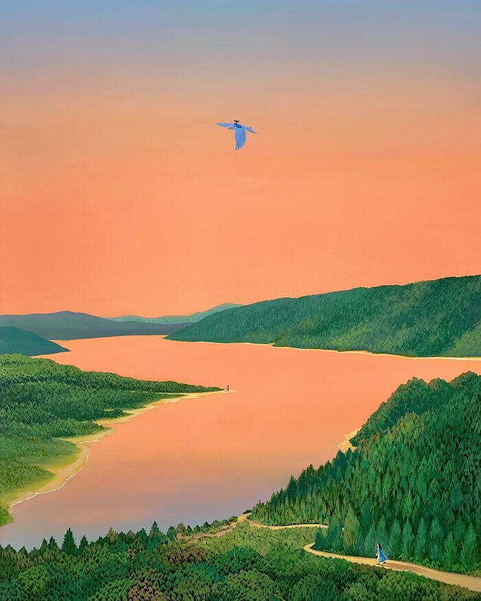 Calming artwork by Mulgil Kim showing a serene river landscape at sunset with lush green forests and a figure walking along a path.