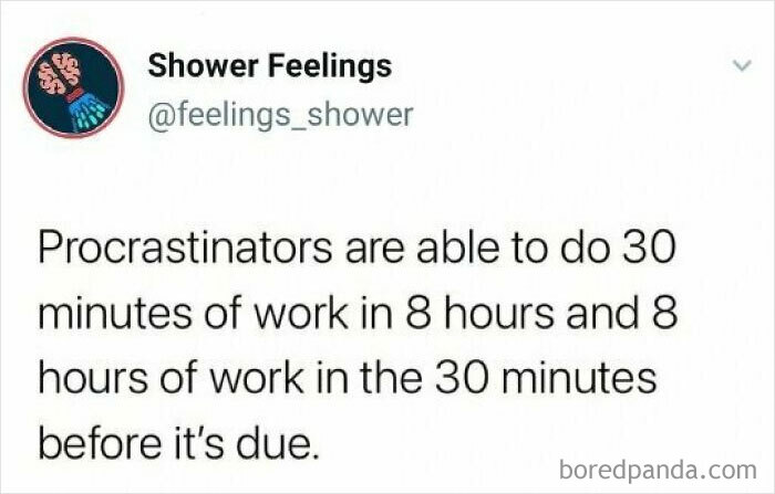 Tweet about procrastinators highlighting funny thoughts to occupy your brain while you're showering and managing time creatively.