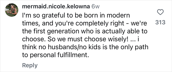 Screenshot of social media comment praising woman who begged other women not to get married right now in viral clip.