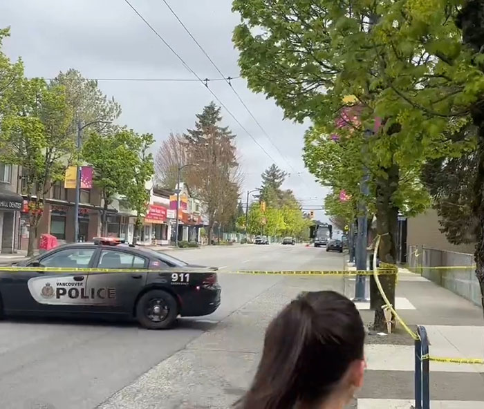 Police car blocks street in Vancouver with caution tape after attack injuring child and affecting Hallmark actor&rsquo;s family.