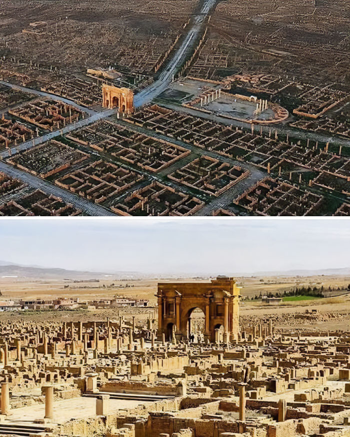 Aerial view and ground photo of ancient Roman ruins with an arch, highlighting archaeology and architecture.