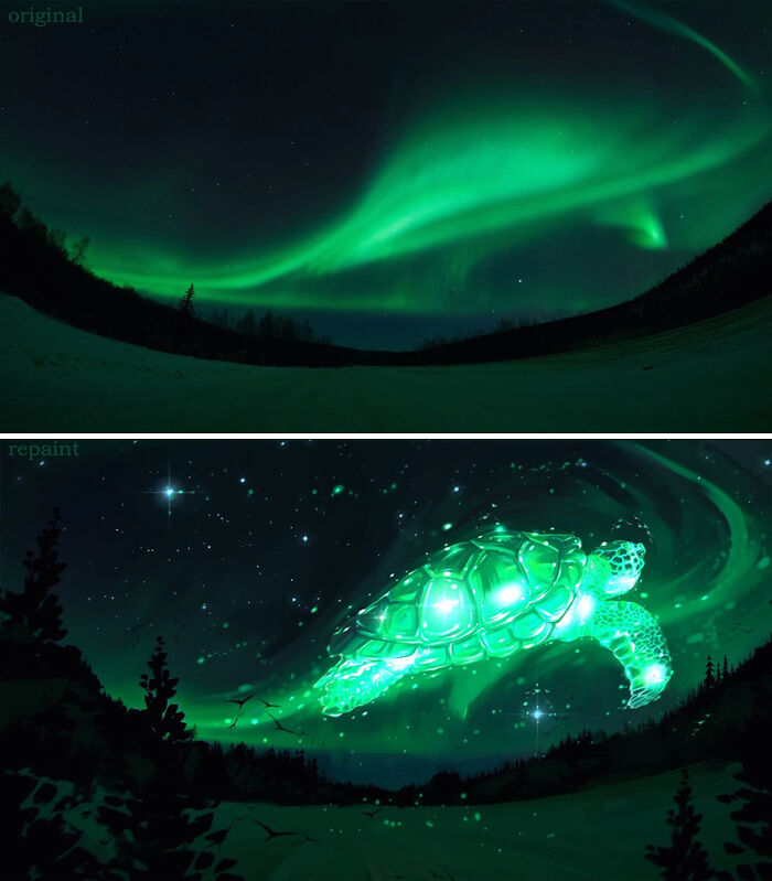 Northern lights over a landscape transformed by an artist revealing fantastical worlds with a glowing giant turtle in the sky.