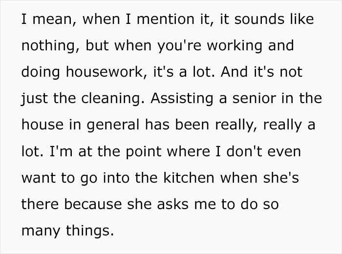 Text about the challenges of assisting a senior relative and managing housework, highlighting tension in family care dynamics. Text about the challenges of assisting a senior relative and managing housework, highlighting tension in family care dynamics.