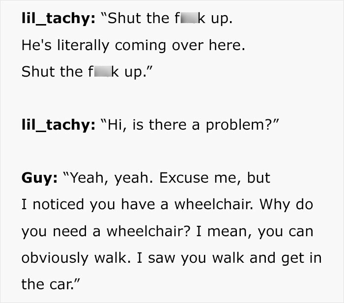 Text conversation showing harassment toward a woman with POTS questioned about using a wheelchair despite walking and driving.