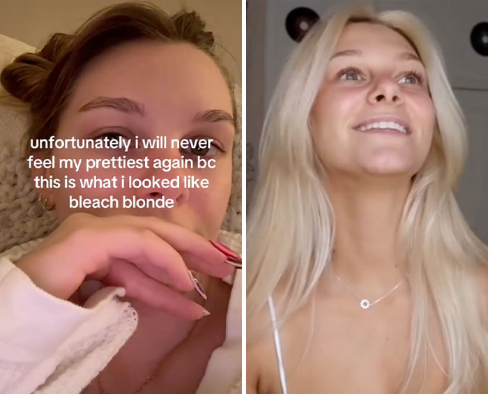 Side-by-side images of a woman showing her glow down transformation with blonde hair in the glow downs trend.