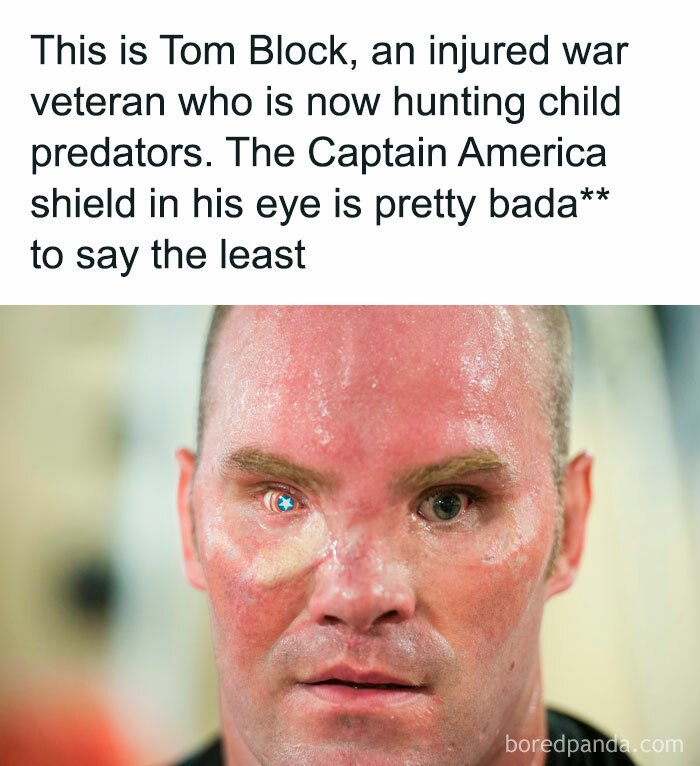 Injured war veteran with a damaged eye featuring a Captain America shield, representing disturbing and unsettling events.