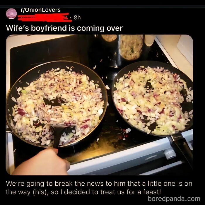 Two frying pans on stove with chopped onions cooking, illustrating outrageous hot takes people were stupid enough to share publicly.