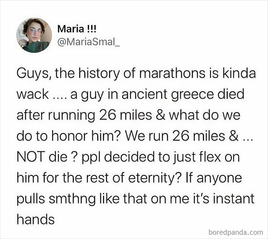 Screenshot of a funny Twitter post from a comedian sharing a humorous take on the history of marathons.