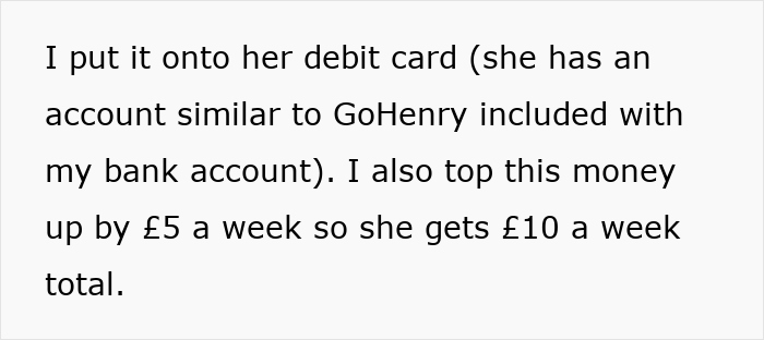 Text about adding money weekly to a child's debit card, highlighting grandparents' jealousy over generosity with kid money.