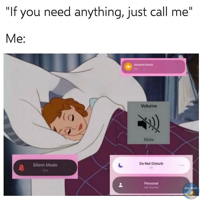 Sleeping woman with airplane mode, silent mode, mute, and do not disturb enabled in a mocking posts jokes memes format.