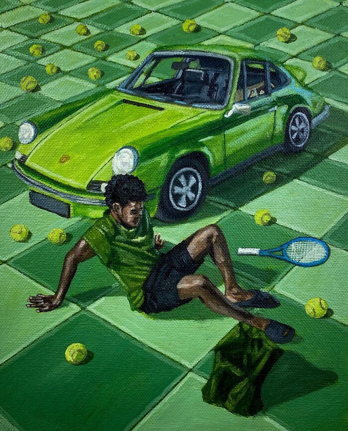Painting showing a man with a tennis racket and balls beside a green sports car on a patterned green space.