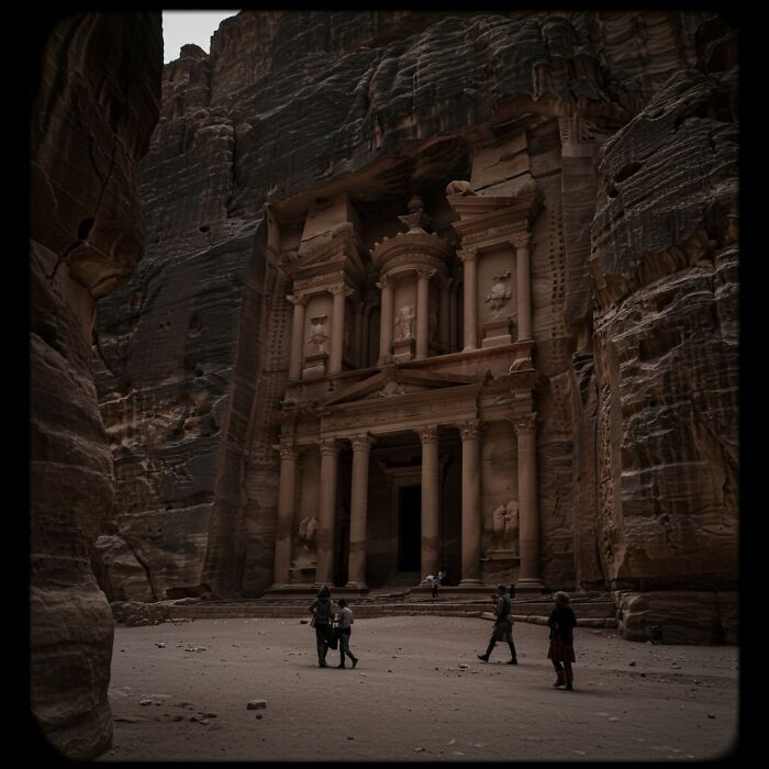 Ancient rock-cut architecture at Petra with visitors exploring historic archaeological site showcasing rare history.