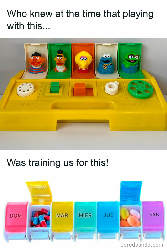 Vintage 80s toy pop-up game paired with a modern weekly pill organizer, highlighting nostalgia from the 80s era.