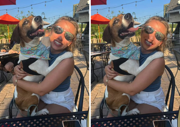 Side by side Photoshop edits of a woman hugging a dog outdoors, showing hilarious literal photo requests by an artist.