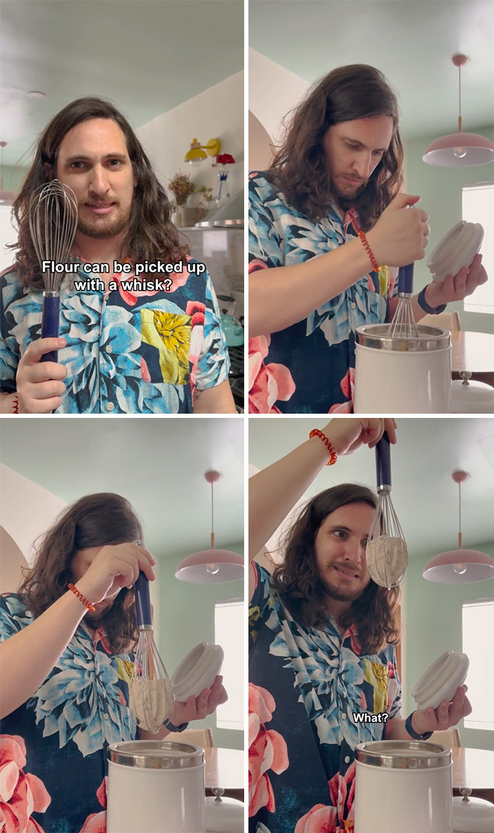Man in floral shirt demonstrating how to pick up flour with a whisk, sharing surprising life hacks and tips at home.