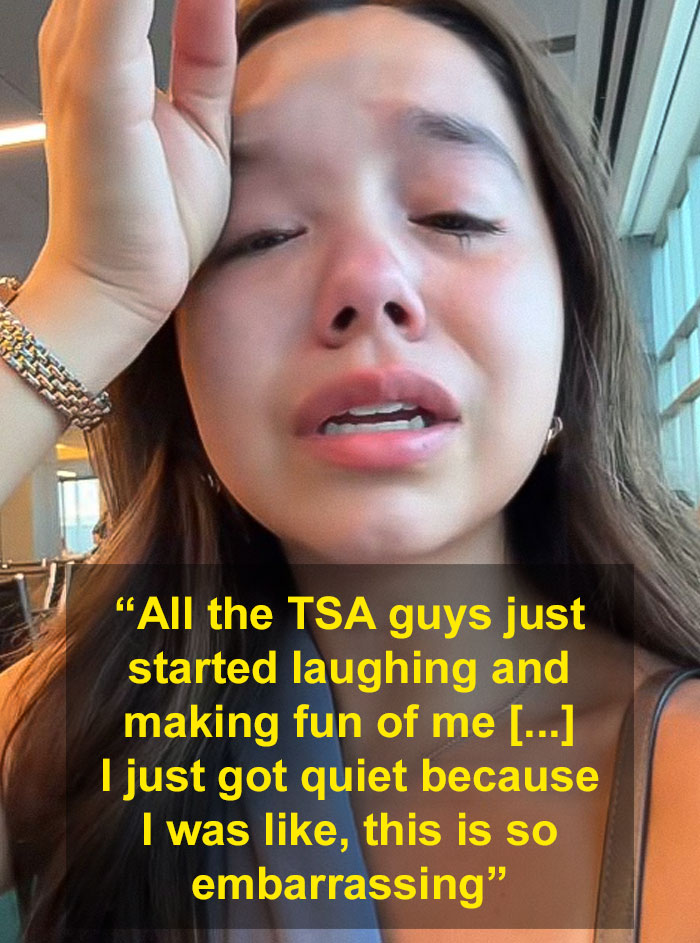 Woman upset and sobbing at airport after TSA agents humiliated her over bag mix-up incident.