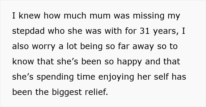 Text excerpt expressing daughter's support for grieving mom’s new romance and her relief.