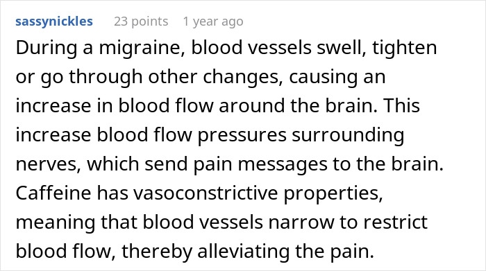 Text explaining how caffeine in Diet Coke and foods like French fries may help treat migraine by constricting blood vessels and relieving pain.