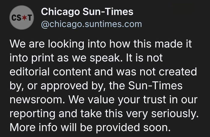 Chicago Sun-Times statement addressing a 2025 summer reading list error involving non-existent books in major newspapers.