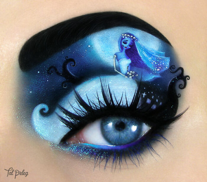 Eye makeup featuring a detailed artistic design with blue tones and a character, showcasing incredible makeup looks by talented artists.