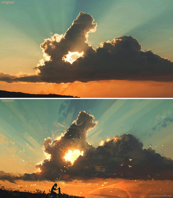 Cloud formation transformed into a glowing dog shape with an imaginative painted fantasy world at sunset.