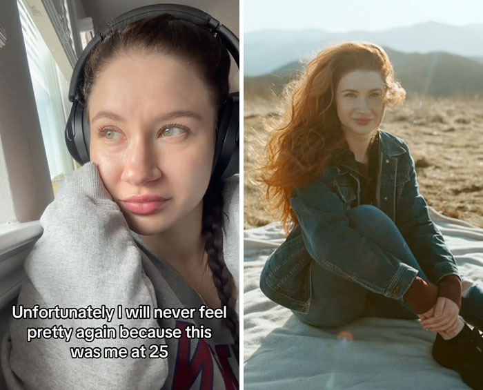 Side-by-side images of a woman showing a natural look and a glowing appearance, illustrating the glow downs trend.