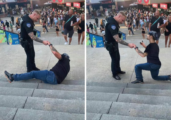 Man in black shirt photoshopped lying and kneeling on stairs as police officer helps him up in crowded outdoor area, hilarious edits.