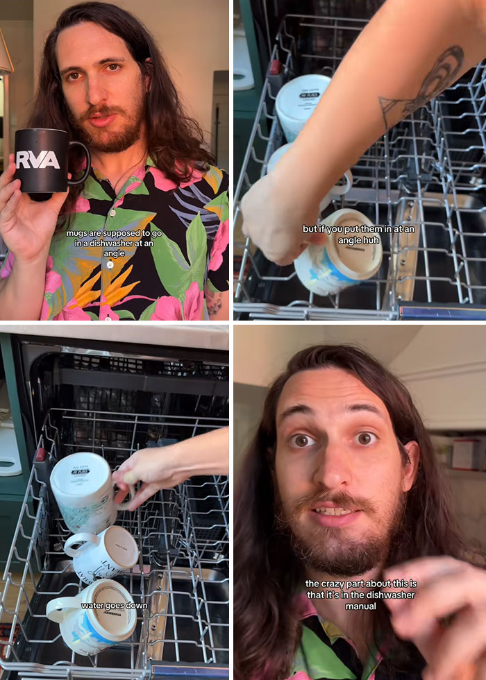 Man explaining dishwasher tip for mugs, showing how to place them at an angle to let water drain properly.