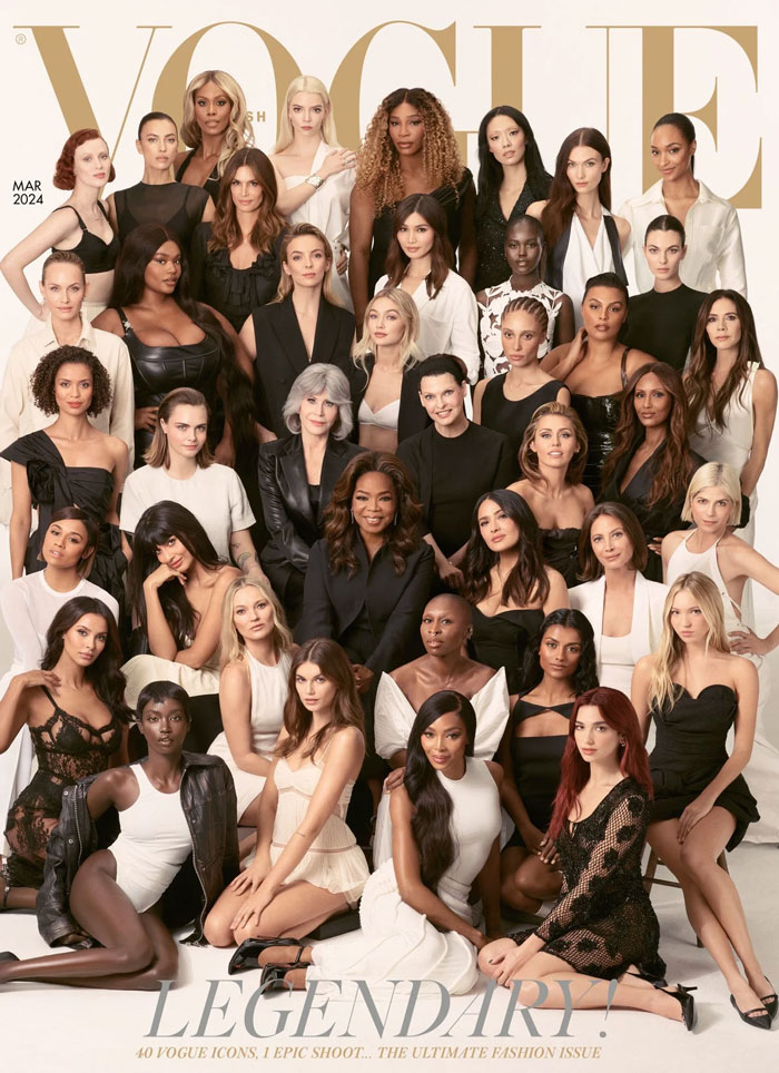Group of diverse models and celebrities posed for a Vogue cover photo shoot highlighting Meghan Markle Vogue cover diva demands.