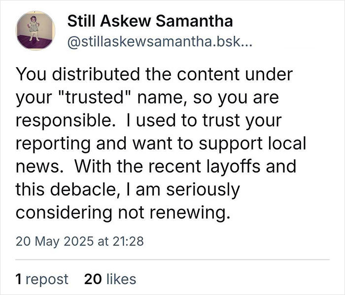 Tweet criticizing trusted news outlets for spreading misinformation on 2025 summer reading list runs with nonexistent books.
