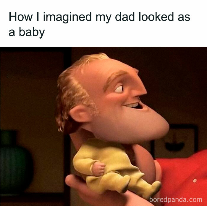 Cartoon baby with an exaggerated large chin held in hand, featured in a hilarious meme from a Facebook meme page.
