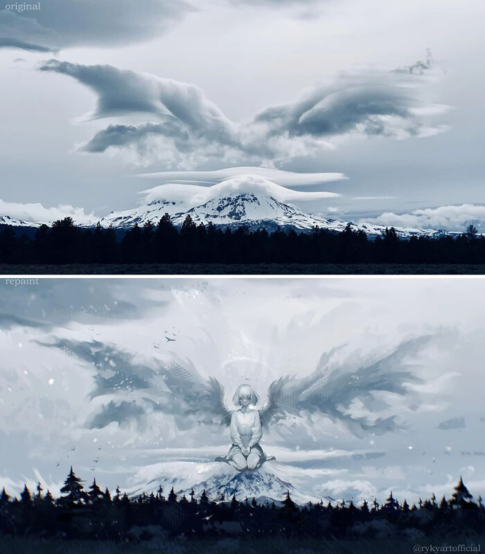 Mountain landscape with clouds transformed into a fantastical world featuring a painted angelic figure with wings.