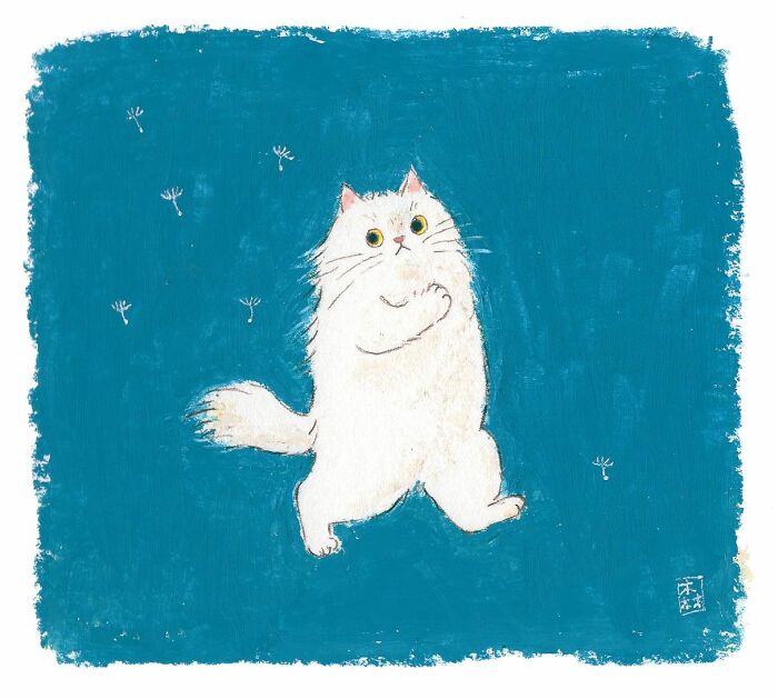 Adorable artwork of a white cat standing on blue background, showcasing charming illustration for cat lovers by Korean artist.