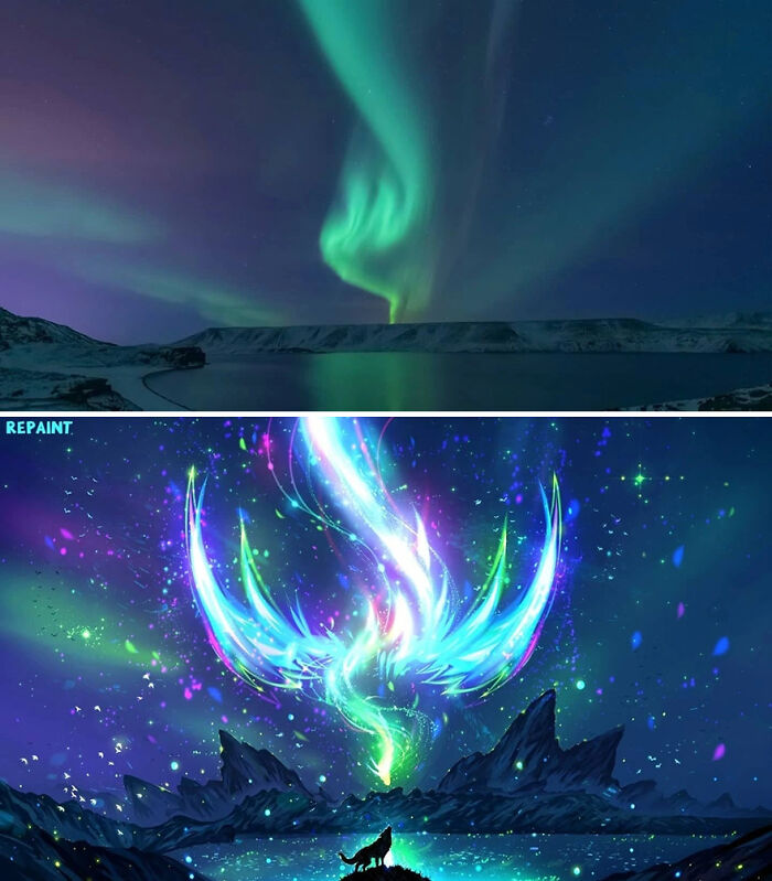 Northern lights over a lake transformed into fantastical worlds by artist repainting photos with vivid, glowing colors.