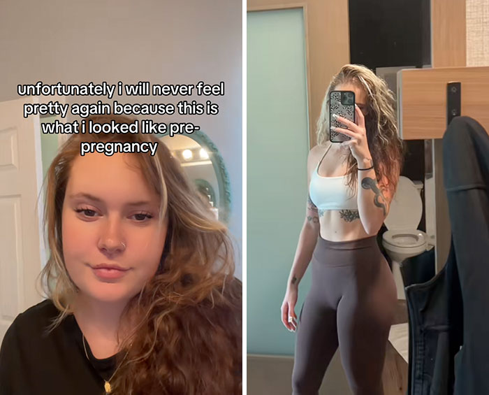 Woman sharing her glow down journey with pre-pregnancy look and fitness progress mirror selfie for people-share-glow-downs trend