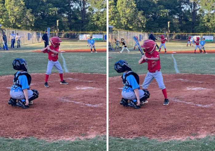 Young baseball players at bat and catch during a game, showcasing funny Photoshop edits with literal photo requests.