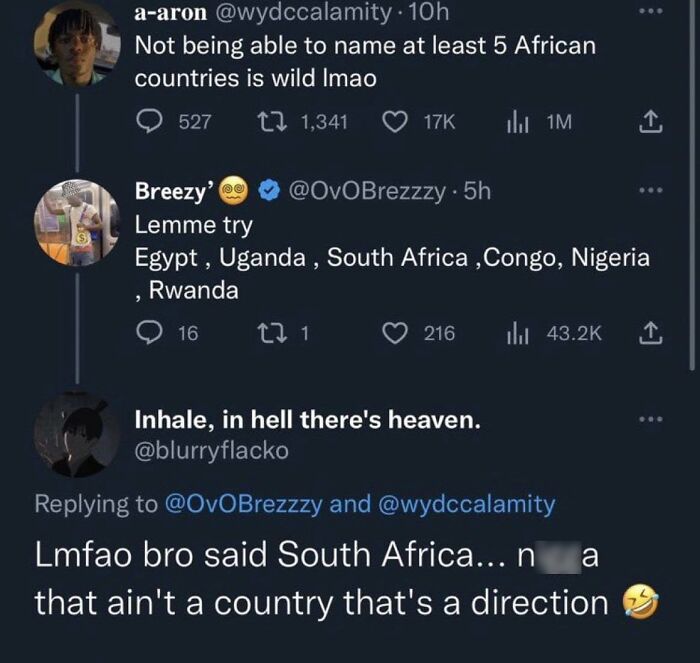 Screenshot of online group shaming overconfident know-it-alls who incorrectly correct others on naming African countries.
