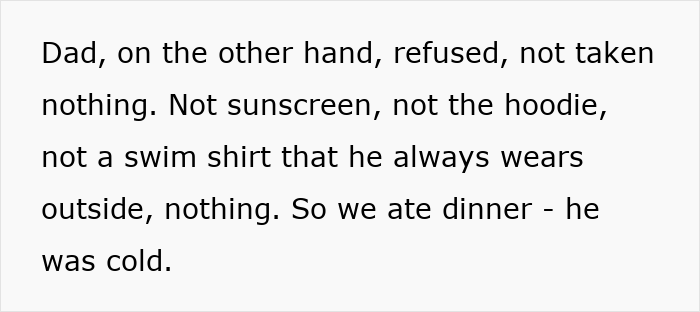 Text excerpt describing a dad refusing to pack essential items leading to a cold dinner, highlighting petty revenge packing.