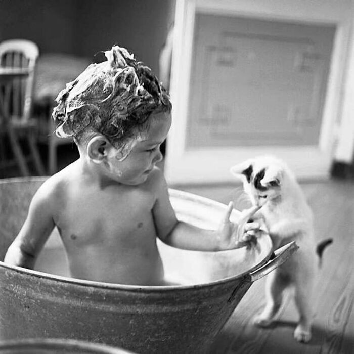 Vintage black and white photo of a child in a tub interacting with a kitten, showcasing the timeless bond between kids and cats.